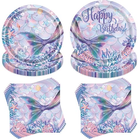 Lot de 40 vaisselle avec gobelets et serviettes - Assiettes de fête d'anniversaire - Décoration d'anniversaire pour fille - Violet (1/5)