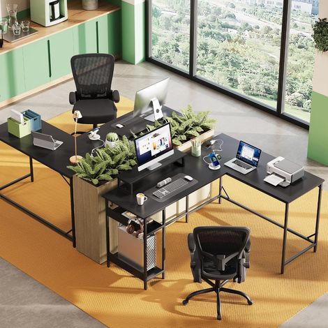 Bureau d'angle gaming 2-en-1 DEVAISE, convertible en L (152 x 118 cm) ou en I (220 x 50 cm), avec éclairage RGB, support pour écran et compartiment de rangement, idéal pour le télétravail, noir (1/5)