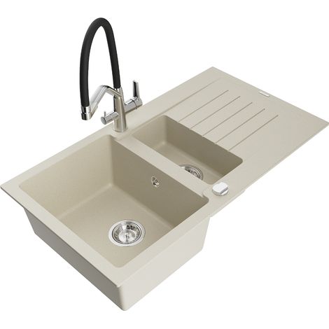 Mexen Matias 1,5-Becken-Granitspüle mit Abtropffläche und Mischbatterie Duo, Beige - 6502-69-671701-