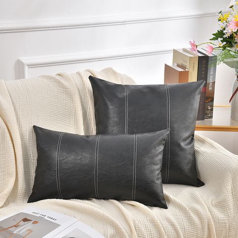 Black and white patchwork pillowcase, perfect for home living room decoration, sofa cushions, PU patchwork American minimalist style pillowcase -- 6060 -- Black
