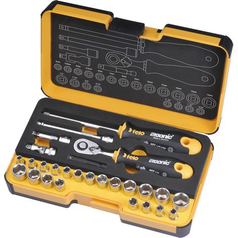 Felo 5782706 - Juego con carraca Ergonic y vasos métrica y pulgadas Felo R-GO 27 (1/2)