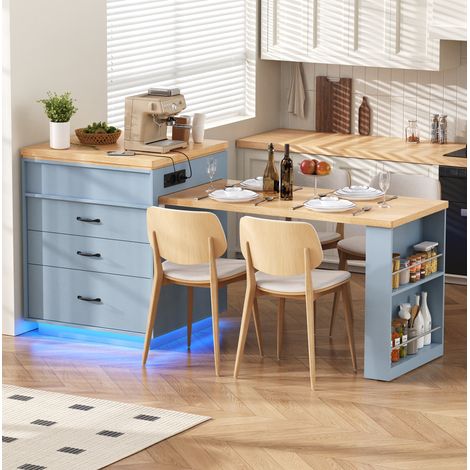 Kücheninsel mit ausziehbarem Tisch, Rollen, LED und USB/Type-C-Anschlüssen, Blau, OKWISH (1/5)