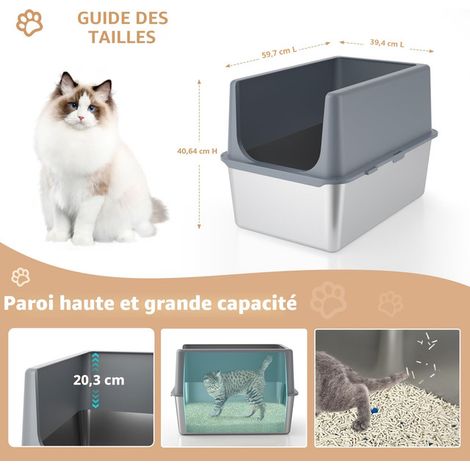 Bac à litière en acier inoxydable pour chat avec grand couvercle amovible paroi haute et rouleau anti-poils anti-odeur anti-fuite maison de toilette pour chats et petits animaux