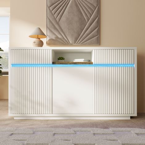 Buffet de salon 140x40x85 cm avec éclairage LED et étagères réglables Meuble de cuisine avec 2 tiroirs et 3 portes Bois Blanc (1/5)
