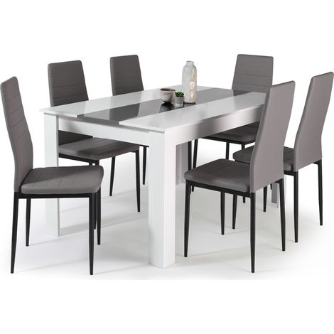 Idmarket – Ensemble table à manger 140 cm blanche et grise – 6 chaises ROMANE grises – Design moderne et élégant – Idéal pour salle à manger