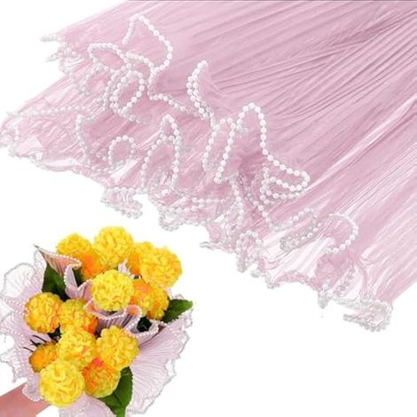 Papier d'emballage floral 4 yards, rose, froissé translucide, bord perlé, imperméable, filet, accessoires pour bouquet, cadeau fleuriste (1/5)