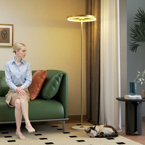 Moderne Stehlampe mit dimmbarem LED-Licht, Acryl-Lampenschirm und Fußschalter, 3 Helligkeitsstufen, Gold