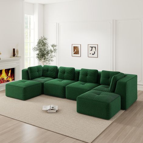 Modulares Wohnzimmersofa ohne Gestell, modulares Ecksofa, U-förmiges Sofa mit Ottomane, tiefes Schlafsofa, rutschfestes Design, keine Montage erforderlich,Grün 
WL