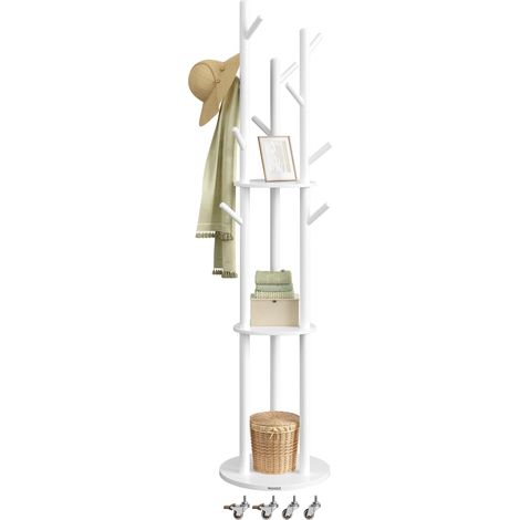 Portemanteau, avec 11 Crochets et 3 Étagères, 4 Roulettes Pivotantes à 360°, Mobile, Crochet et Poteau en Bois, pour Entrée, Chambre, Salon, Blanc Nuage RCR023W01 (1/5)