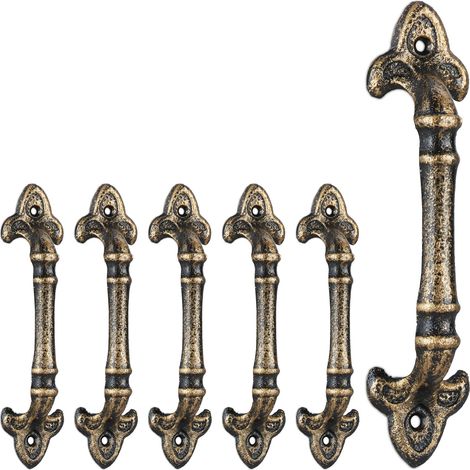 Relaxdays 6x Vintage Furniture Handles, Antique Door Grips for Cupboards, Drawers, Cast Iron, HWD: 20x4.5x4 cm, Bronze
