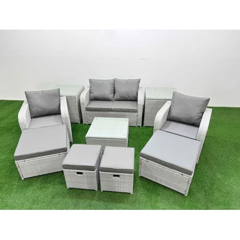 Fimous Outdoor Garden Furniture Set PE Rattan Love Sofa Reclining Chair Set with Coffee Table 4 Footstools 2 Side Tables Light Grey (1/4)