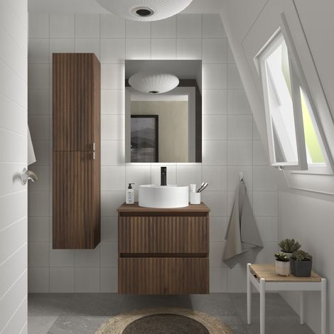 Mueble de Baño KIRA 70cm Nogal 2 cajones Lavabo sobre encimera 1 poza Porcelana (1/5)