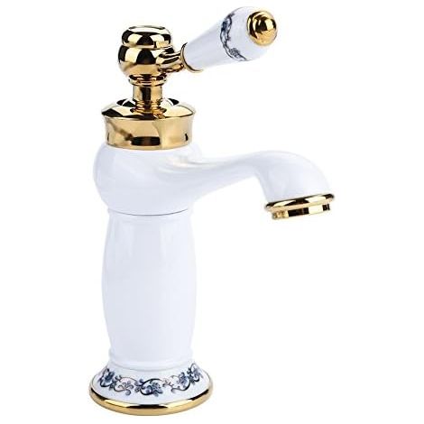 Robinet mitigeur à long col en laiton vintage décoré de motifs en porcelaine bleu-blanc, mitigeur réglable eau chaude et froide style rétro antique, polyvalent pour évier de cuisine et vasque de salle (1/5)