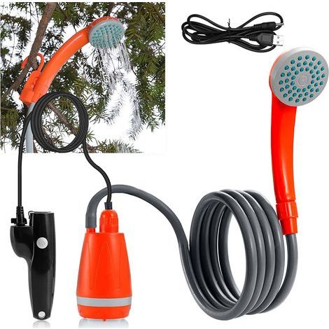 Portable outdoor camping shower with a water flow rate of 2.5 to 3.5 L/min, 2 m hose, USB charging, and a battery life of 30 to 60 minutes. (1/5)