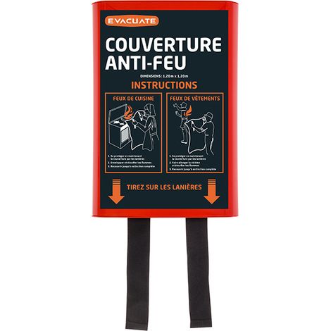 Couverture anti-feu 1,20x1,20 m – Éteint les flammes de graisse et de vêtements – Utilisation facile avec lanières – Compacte pour espaces à risque – Evacuate