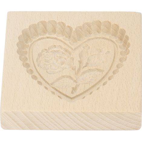 Moule à biscuits en bois à démouler facilement, réutilisable et lavable, sculpté en forme de cœur et de rose, idéal pour la pâtisserie maison. Motifs : cœur et rose. (1/5)