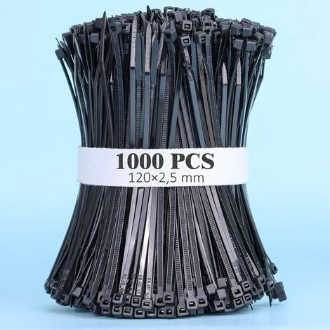 1000 pièces Serre Câbles noir Nylon, 120 mm x 2,5 mm, Serre Cable Plastique,Collier Serrage Plastique,Zip Ties Black,Cable Ties Black (1/5)