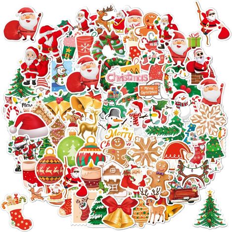 100 pegatinas navideñas holográficas con purpurina: vinilo impermeable con diseño de muñeco de nieve y Papá Noel, ideales para decoraciones navideñas y regalos de fiesta.