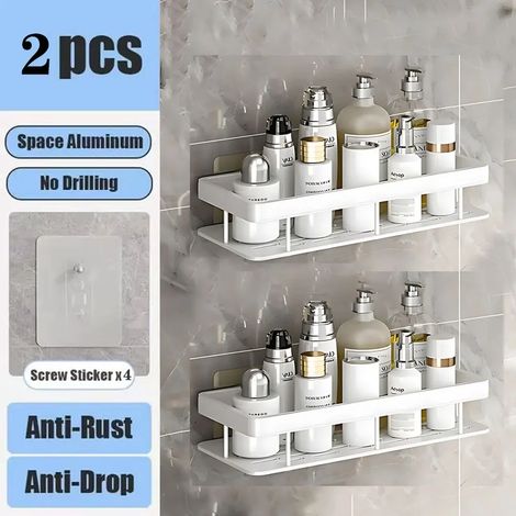 (Lot de 2 blancs) Étagère de salle de bain murale sans perçage pour flacons de shampoing, porte-bouteilles d'angle pour douche, étagère de rangement pour toilettes, accessoires de salle de bain et de (1/5)