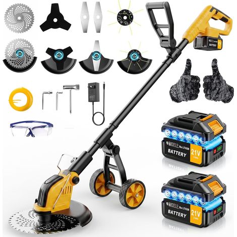 Débroussailleuses Electrique sans Fil,Coupe Bordures sans Fil avec 2 3.0Ah Batterie et Chargeur,Moteur Brushless 800W,30CM Débroussailleuse à Batterie avec Roue (1/5)