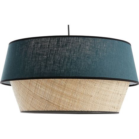 Designer-Pendelleuchte Materialmix Leinen entenblau und naturfarbener Bast D45 cm SENSA