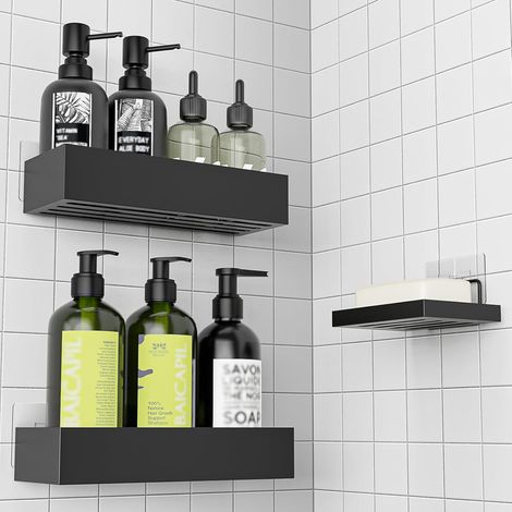 3 Étagères de douche sans perçage – Noir – Avec crochets – Résistantes à la rouille – Faciles à installer – Drainage rapide – Pour verre, carrelage et marbre (1/5)