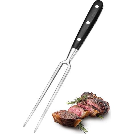 Fourchette à viande, grande, en acier inoxydable, avec manche en bois, longueur de lame : 15 cm, à barbecue pour viande rôtie, cuisson (noire) (1/5)