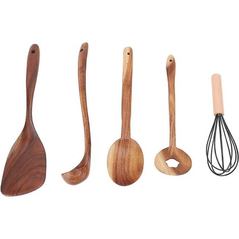 Ensemble d'ustensiles de cuisine en bois comprenant une cuillère de cuisine, une spatule, un fouet, une poignée ergonomique et un nettoyage facile. (1/4)