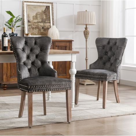 Chaise de salle à manger capitonnée en velours gris avec pieds en bois, lot de 2 HAVRYA (1/5)