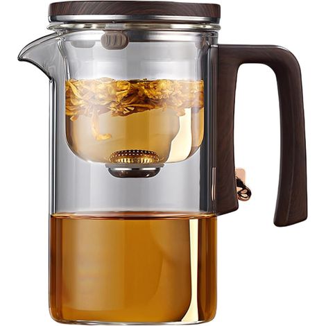 Théière en verre avec infuseur, séparation magique de l'eau, poignée en bois, verre borosilicate résistant à la chaleur, avec passoire (700 ml, transparent) (1/5)