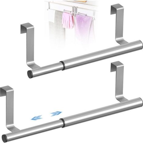 2Pcs Porte Serviettes Extensible Acier Inoxydable avec Bande Anti-Rayures, Accroche Torchon Cuisine Suspendue Télescopique, Barres Torchons Argent Perçage sans pour Placards, Salle Bain (25-40cm) (1/5)