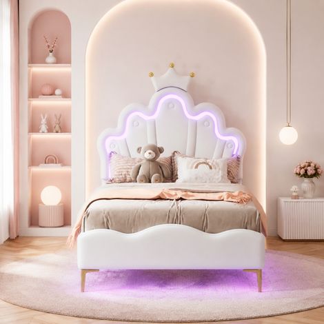 Cama infantil 90x200 cm de MDF y metal blanco, fácil de montar, FloraGrace (1/5)