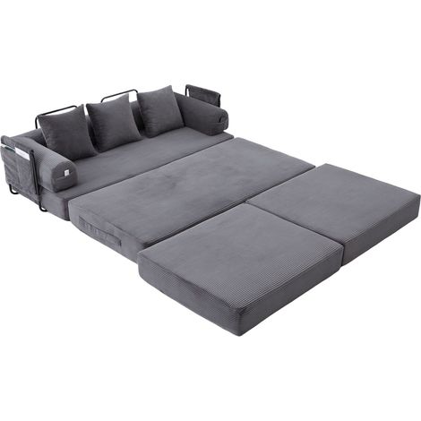 Divano modulare in corduroy grigio scuro con pouf, struttura in metallo, tasca laterale e 3 cuscini (1/5)