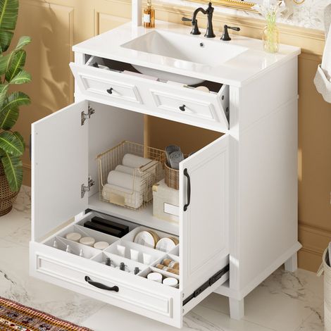Ensembles meuble de salle de bains, Meuble vasque indépendant 77x46x86cm, entièrement laqué, 9 compartiments de rangement, blanc (1/5)