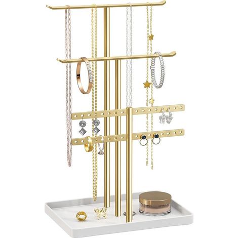 Organisateur de Support à Bijoux à 3 Niveaux - Support Solide pour 80 Pièces de Bijoux - Porte-Bijoux Doré - Porte-Bijoux pour Colliers, Boucles d'oreilles, Bracelets, Bagues - Cadeau pour Femmes (1/5)