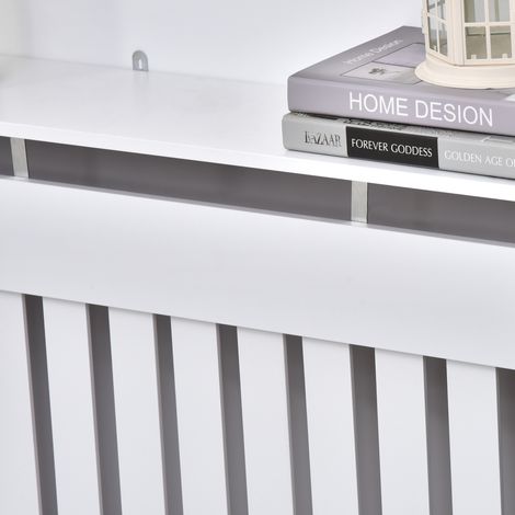 Cache-radiateur en MDF blanc 112x19x81 cm pour maison et bureau, panneaux à lattes (1/5)
