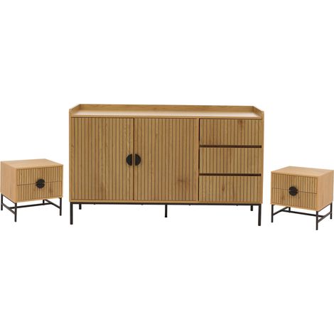Conjunto de dormitorio HHG-664, 2 mesitas de noche y 1 aparador, cajones de melamina, MDF y metal, color natural (1/5)