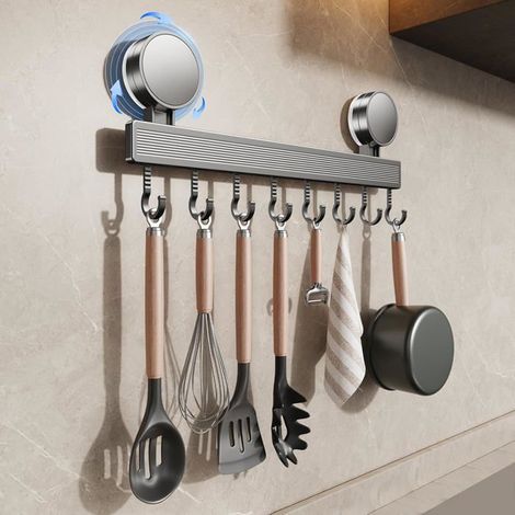 barre à crochets cuisine sans perçage avec ventouse, support amovible pour ustensiles,Barre Ustensile acier inoxydable, 8 crochets (1/4)