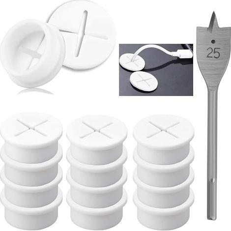 12 Pack 25mm Flexible Silicone Cable Tidy for Desk Openings and Cable Management for Computer Desks and Furniture White (1/5)