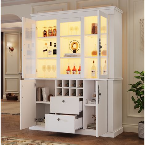 Vitrina con LED y 8 botelleros, 2 cajones y 4 puertas 130x37,5x170,5 cm blanca OKMYHOME (1/5)