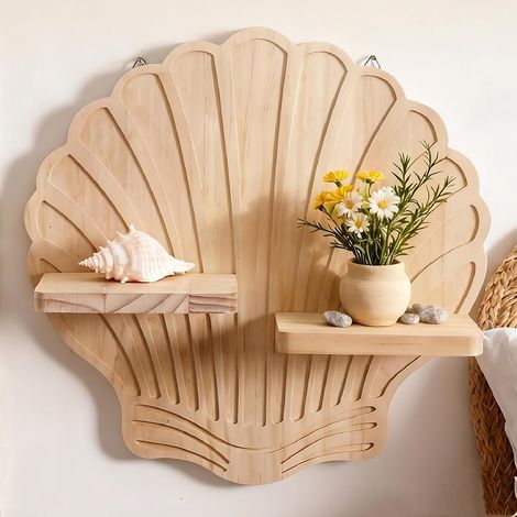 Étagère murale en bois en forme de coquillage, décoration murale style bohème bord de mer Étagère de présentation à 2 niveaux en bois naturel (35,5 x 35 cm) pour chambre – Style bord de mer unique (1/5)