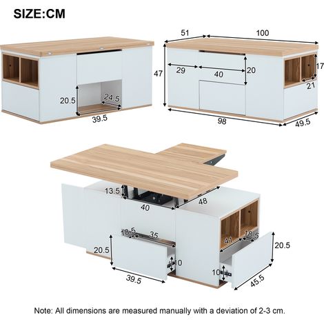 Mesa de centro elevable 100x51x47 cm blanco y madera, 2 cajones, aglomerado, MEUBLIV (1/5)