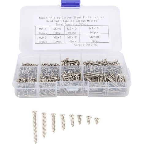 Boîte de 800 vis autotaraudeuses à tête fraisée cruciforme en acier au carbone nickelé M2