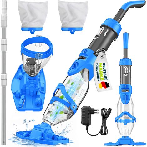 tillvex Aspiradora de piscina azul/gris con batería y pértiga telescópica + filtro de repuesto hasta 15 m³  Aspiradora de piscina eléctrica  Limpiafondos con filtro y 60 min de autonomía  Set de limpi