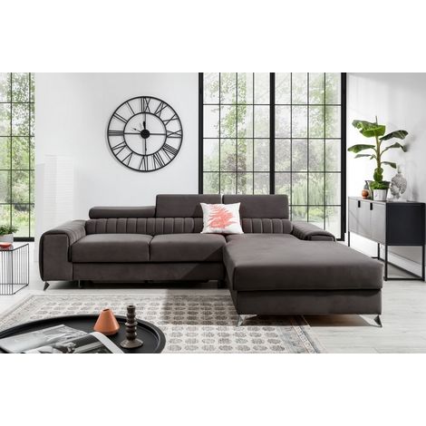 Canapé d'angle convertible en tissu velours Luxe, chocolat, 5 places, angle droit (vu de face), GRECE VELOURS (1/5)