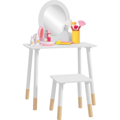 Beyamis Schminktisch für Mädchen ab 3 Jahren, Babyschminktisch mit Hocker und Spiegel, schlichtes Design, weiß