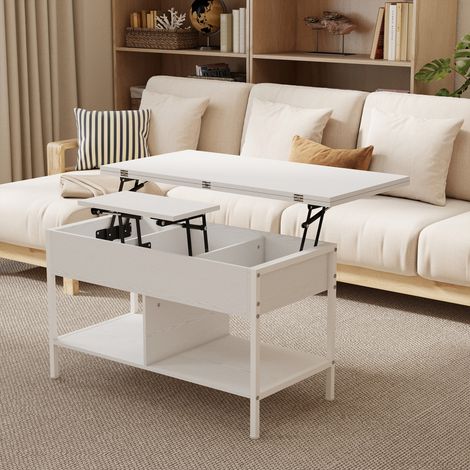 Table basse relevable et extensible, table de salon avec compartiment caché étagères ouvertes, 98x49x55cm, blanc (1/5)