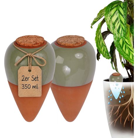 Relaxdays Tonkegel Bewässerung, 2er Set, 350 ml, Gießhelfer mit Deckel, Zimmerpflanzen & Balkonkästen, terrakotta/salbei (1/5)