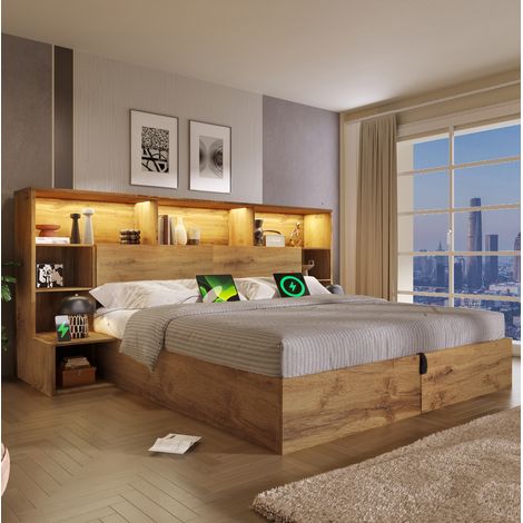 Letto contenitore 160x200 cm effetto rovere con LED, USB-C, comodini integrati HAVRYA (1/5)