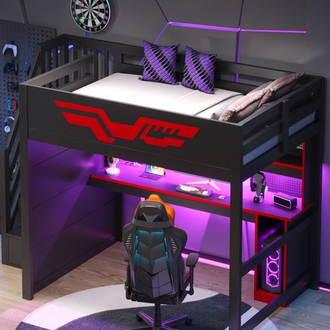 Gaming-Hochbett 140x200 cm mit Schreibtisch und Stauraum, Schwarz und Rot HAVRYA (1/5)